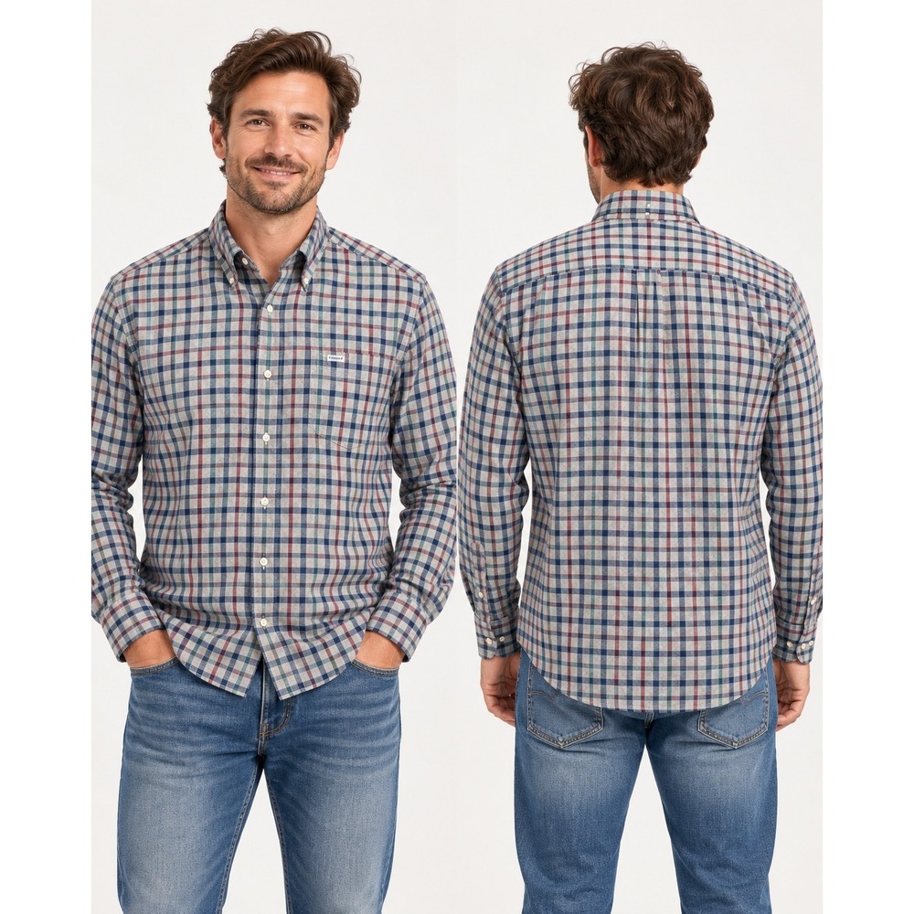 Barbour Mens Regular Fit Tattersall Check Button Down Shirt Grey L